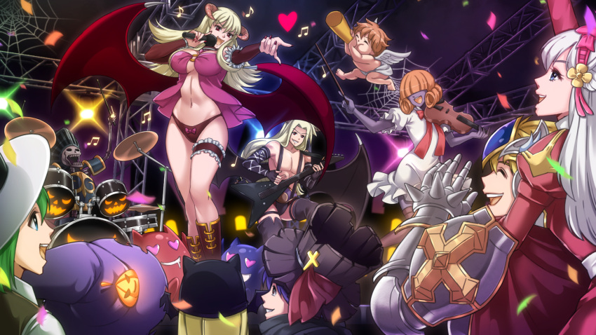 2others 4girls 5boys armor babydoll band black_panties black_thighhighs black_wings blonde_hair boots bow bow_panties bowtie breastplate breasts bridal_garter brown_footwear brown_headwear brown_sleeves cape cherub clapping cleavage closed_eyes clown_(ragnarok_online) colored_skin commentary confetti cross curly_hair demon_boy demon_girl demon_wings detached_sleeves deviruchi deviruchi_hat dress drum drum_set electric_guitar english_commentary false_angel full_body gauntlets gibson_flying_v green_hair guitar hair_over_eyes halloween hat heart heart-shaped_eyes high_priest_(ragnarok_online) highres holding holding_instrument holding_microphone horns incubus_(ragnarok_online) instrument juliet_sleeves khalitzburg_(ragnarok_online) large_breasts long_hair long_sleeves looking_at_another lord_knight_(ragnarok_online) medium_bangs microphone mini_demon multiple_boys multiple_girls multiple_others music musical_note navel open_mouth panties pauldrons pink_babydoll playing_instrument puffy_sleeves purple_hair purple_headwear purple_skin ragnarok_online red_bow red_bowtie red_cape red_dress red_eyes red_wings riabels short_hair shoulder_armor silk singing skeleton smile spider_web spiked_gauntlets stage succubus_(ragnarok_online) suspenders thighhighs top_hat undead underwear upper_body violin violy white_dress white_hair wings witch_hat