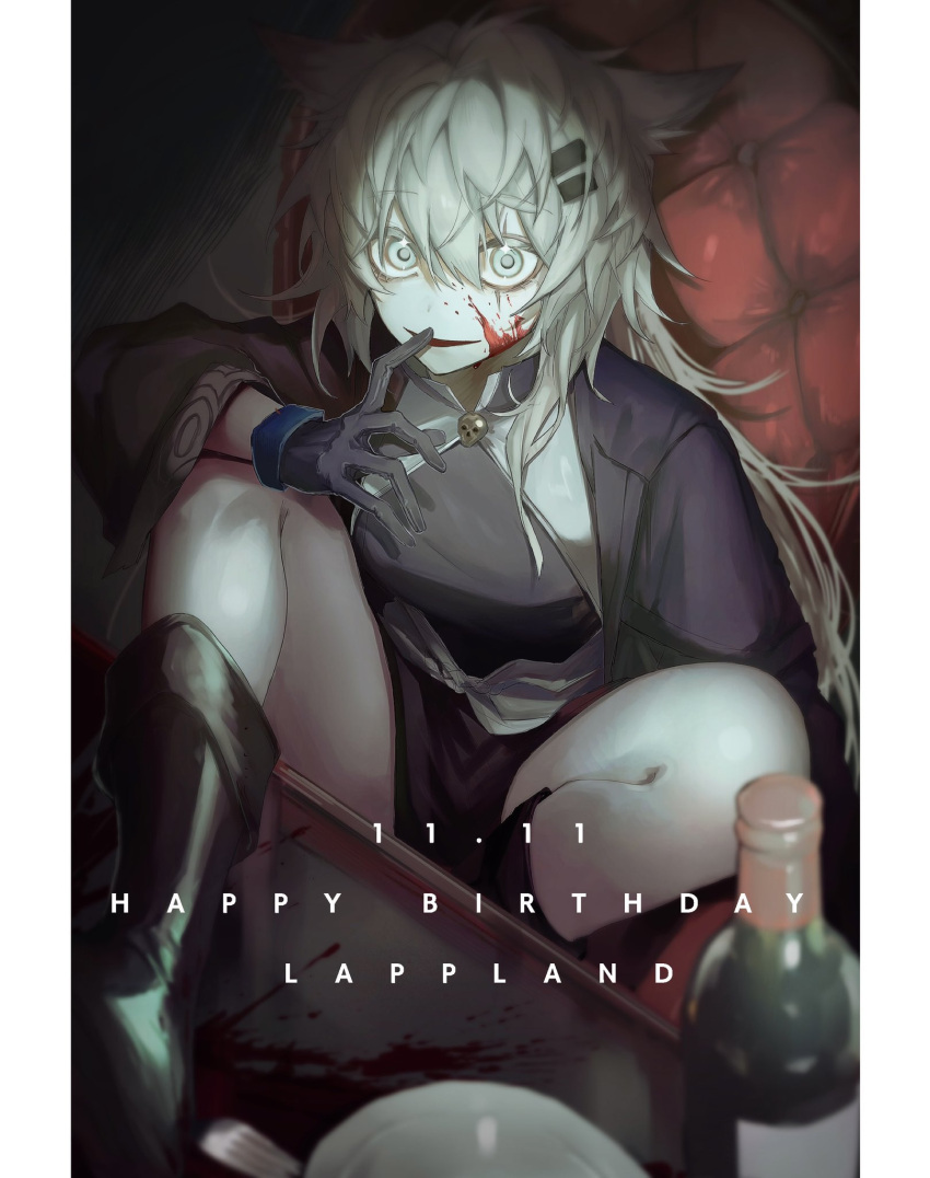 1girl animal_ears arknights black_gloves blood blood_on_face bottle feet_on_table finger_to_mouth gloves grey_eyes grey_hair hair_ornament hairclip highres lappland_(arknights) lappland_(refined_horrormare)_(arknights) long_sleeves official_alternate_costume pale_skin plate senjou_no_pentsu sitting solo wide_sleeves wine_bottle wolf_ears wolf_girl