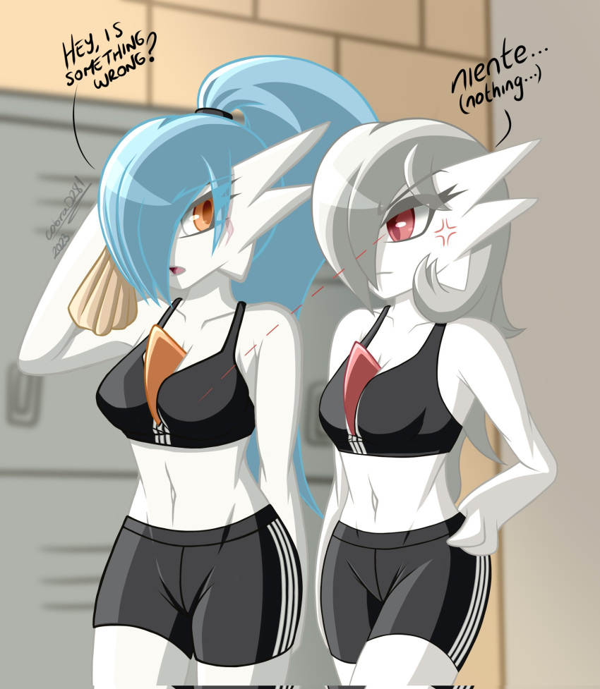 2023 3_fingers alyx_(cobra0281) blue_hair bottomwear breast_envy breast_size_difference breasts cleavage clothed clothing cobra0281 cross-popping_vein dialogue duo english_text eye_scar facial_scar female fingers frown gardevoir generation_3_pokemon gym_bottomwear gym_clothing gym_shorts hair hair_over_eye hand_on_hip hi_res humanoid italian locker long_hair looking_at_another medium_breasts midriff navel nintendo not_furry one_eye_obstructed orange_eyes pokemon pokemon_(species) ponytail red_eyes scar shiny_pokemon shorts signature small_breasts sports_bra_difference_meme sportswear text towel white_hair zonatta_(lynofdeath)