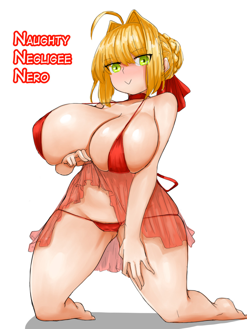 1girl absurdres ahoge blonde_hair breasts fate/extra fate/extra_ccc fate/grand_order fate_(series) green_eyes hair_bun hair_intakes highres large_breasts lingerie looking_at_viewer nero_claudius_(fate) single_hair_bun smile steamingtofu underwear white_background