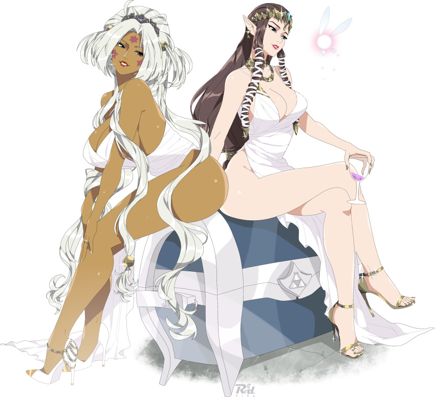 2girls absurdres alternate_costume arm_support artist_logo bare_legs bare_shoulders bracelet breasts brown_hair character_request cleavage collarbone commentary copyright_request crossed_legs cup dark-skinned_female dark_skin dress drinking_glass earrings english_commentary eyelashes facial_mark fairy feet full_body gold_footwear gold_nails grey_hair hair_intakes hair_ornament hair_tubes high_heels highres holding holding_cup jewelry large_breasts legs lens_flare long_hair looking_at_another mixed-language_commentary multiple_girls nail_polish parted_lips pink_lips pointy_ears princess_zelda r3dfive revision shiny_skin sideboob sidelocks simple_background sitting sleeveless sleeveless_dress star_(symbol) star_facial_mark stiletto_heels strappy_heels the_legend_of_zelda the_legend_of_zelda:_twilight_princess thighs toe_ring toenail_polish toenails toes treasure_chest very_long_hair white_background white_dress white_footwear wine_glass