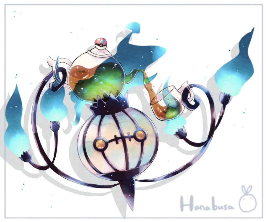 animal_focus artist_name blue_fire border chandelure commentary_request cup fire grey_border hanabusaoekaki highres no_humans poke_ball pokemon pokemon_(creature) pouring simple_background tea teacup teapot white_background yellow_eyes