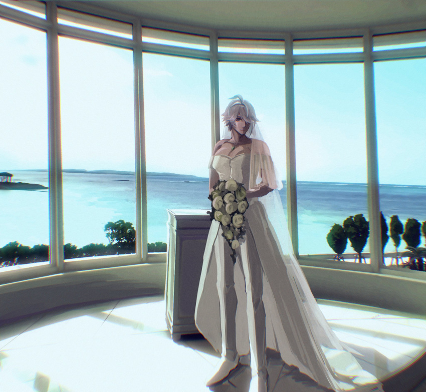 1boy alhaitham_(genshin_impact) alternate_costume bare_shoulders bouquet bridal_veil closed_mouth commentary_request crossdressing day dress flower full_body genshin_impact grey_hair hair_over_one_eye highres holding holding_bouquet male_focus ocean pants pectorals ringobata solo standing tree veil wedding wedding_dress white_dress white_flower white_pants window