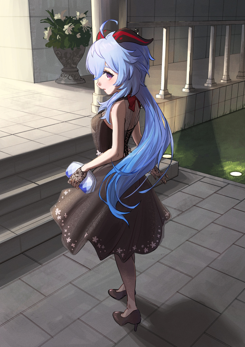 1girl ahoge alternate_costume bag black_dress black_gloves black_pantyhose blue_hair commentary_request contemporary dress facial_hair flower from_behind ganyu_(genshin_impact) genshin_impact gloves goatee gown hair_between_eyes handbag high_heels highres holding holding_bag long_hair looking_at_viewer looking_back low_ponytail outdoors pantyhose parted_lips plant potted_plant purple_eyes sidelocks sleeveless solo suke tile_floor tiles