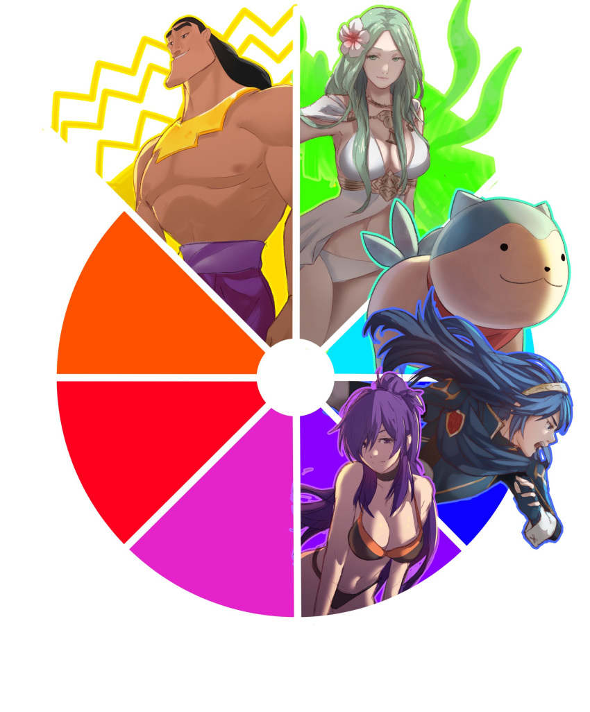 1boy 3girls absurdres animal bare_shoulders bikini blue_dress blue_hair blue_shirt breasts cleavage color_wheel_challenge commentary dress english_commentary fire_emblem fire_emblem:_three_houses fire_emblem_engage fire_emblem_warriors:_three_hopes flower green_eyes green_hair hair_flower hair_ornament highres kronk large_breasts long_hair lucina_(fire_emblem) multiple_girls navel pomelomelon purple_eyes purple_hair rhea_(fire_emblem) rhea_(summer)_(fire_emblem) shez_(female)_(fire_emblem) shez_(fire_emblem) shirt simple_background sleeveless sleeveless_shirt sommie_(fire_emblem) stomach swimsuit the_emperor's_new_groove tiara white_background white_bikini white_flower