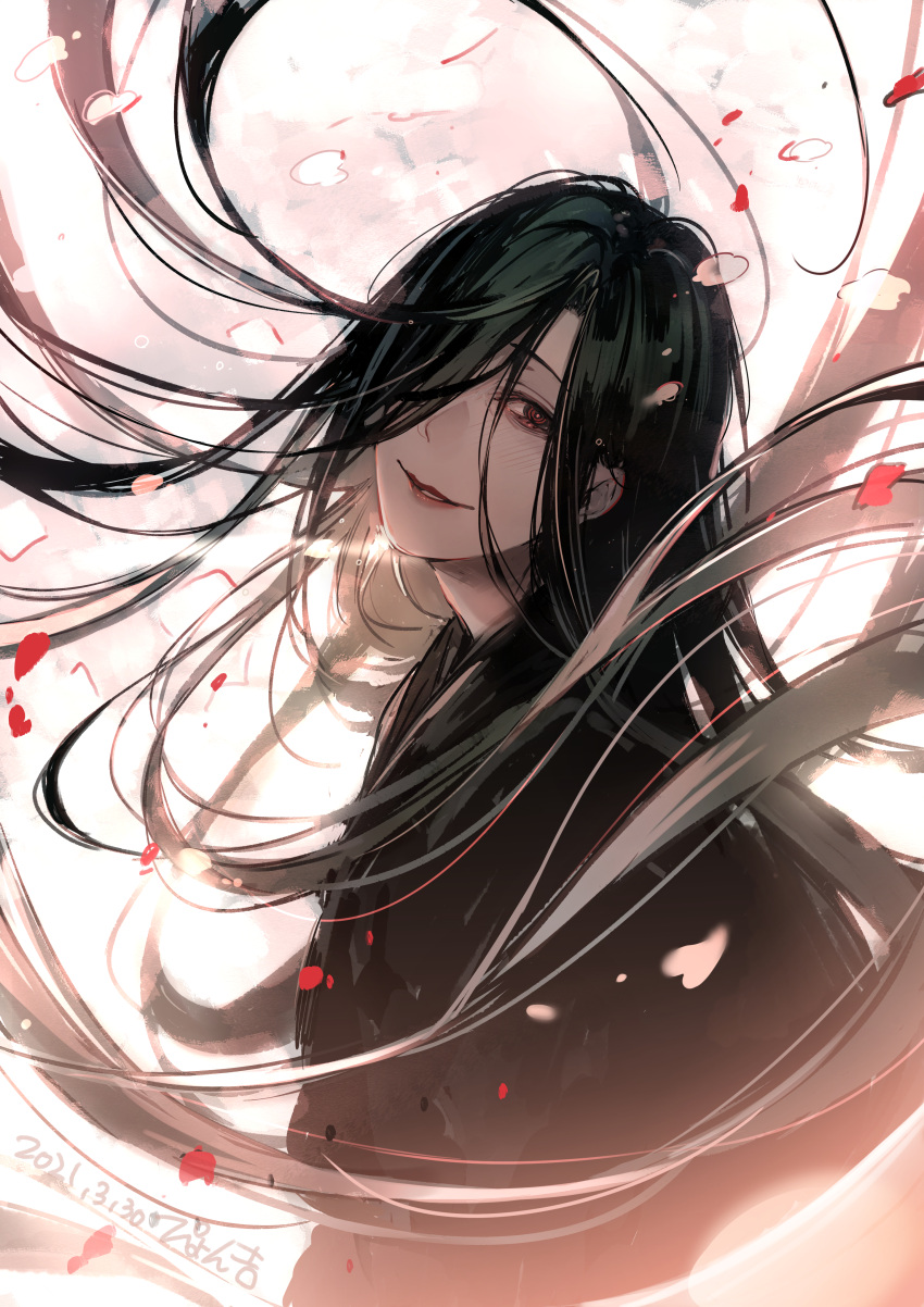 1other absurdres black_hair black_robe dated falling_petals floating_hair hair_over_one_eye highres jigokuraku long_hair looking_at_viewer ninja petals pyon-kichi robe shija smile solo very_long_hair