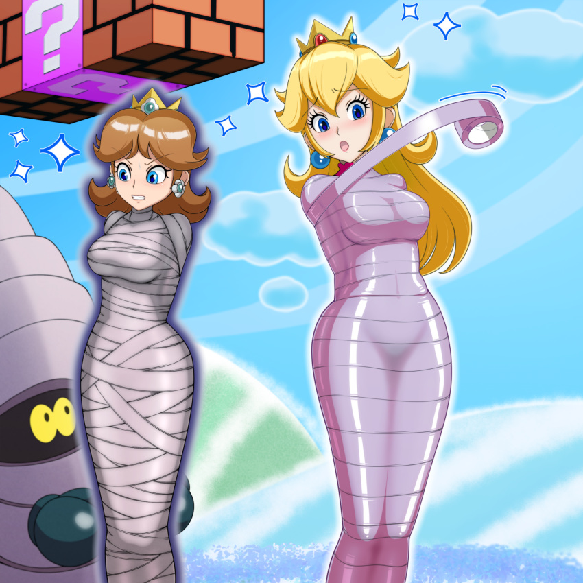 2girls :o ?_block bandages bdsm block_(mario) blonde_hair blue_eyes blue_sky bondage bound breasts clenched_teeth commentary_request crown earrings feet_out_of_frame hair_between_eyes highres jewelry long_hair mario_(series) medium_breasts mini_crown multiple_girls mummification_(bound) mumsie nkgw open_mouth princess_daisy princess_peach sky sparkle standing super_mario_bros._wonder teeth v-shaped_eyebrows very_long_hair