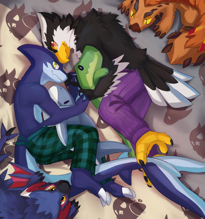 ambiguous_gender anthro avian avian_feet back_tuft beak bedding bedding_background black_body black_feathers blue_body blue_fur bottomwear clothed clothing feathered_arms feathers feral fish fur green_bottomwear green_clothing green_eyes green_pants group head_tuft hi_res kuttoyaki looking_at_viewer lying male marine mouth_closed neck_tuft no_sclera on_front orange_body orange_eyes orange_fur pants plushie purple_bottomwear purple_clothing purple_pants red_eyes shark side_view topless tuft white_body white_feathers yellow_beak yellow_sclera