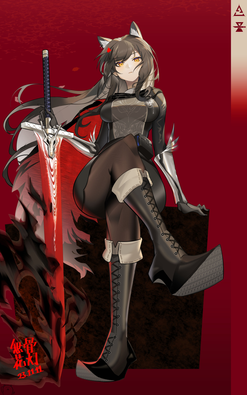 1girl absurdres animal_ear_piercing animal_ears arknights black_footwear black_hair black_pantyhose black_shirt boots breasts crossed_legs dated extra_ears full_body gauntlets highres long_hair looking_at_viewer medium_breasts official_alternate_costume pantyhose red_background shenhaijiaolonglaohuadeng shirt simple_background sitting solo sword texas_(arknights) texas_the_omertosa_(arknights) texas_the_omertosa_(wingbreaker)_(arknights) weapon wolf_ears wolf_girl yellow_eyes