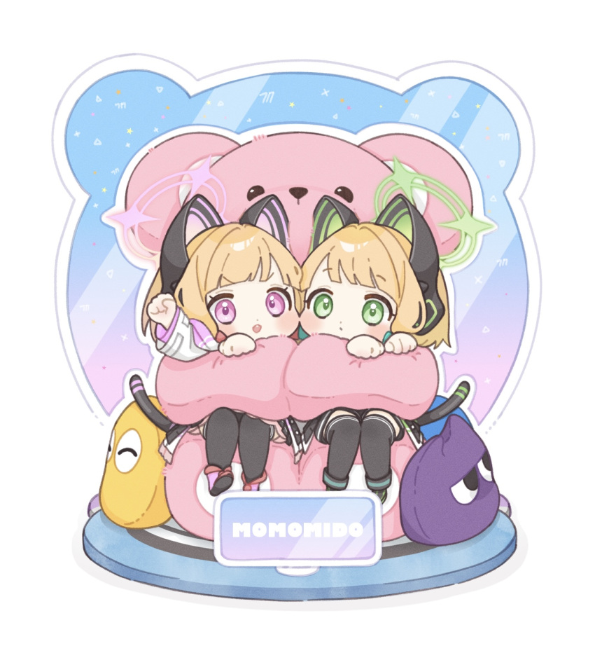 2girls animal_ear_headphones animal_ears black_thighhighs blonde_hair blue_archive cat_ear_headphones cat_ears cat_tail chibi closed_mouth commentary_request fake_animal_ears fake_tail green_eyes green_halo halo headphones highres looking_at_viewer midori_(blue_archive) momoi_(blue_archive) multiple_girls ochamaru open_mouth pink_eyes pink_halo short_hair siblings sisters sitting tail thighhighs twins