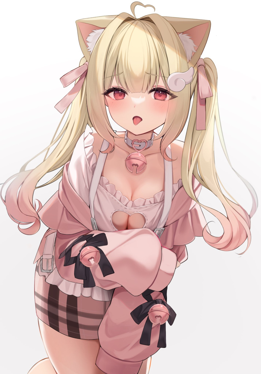 1girl ahoge animal_ear_fluff animal_ears bare_shoulders bell blonde_hair blush breasts cardigan cat_ears cat_girl cleavage cleavage_cutout clothing_cutout collarbone commentary commission frilled_shirt frills gradient_background gradient_hair hair_intakes hair_ribbon heart heart_ahoge highres iruka3 kemomimi_refle! long_hair medium_breasts miniskirt multicolored_hair neck_bell nekoma_karin off-shoulder_shirt off_shoulder pink_cardigan pink_hair pink_ribbon pink_shirt plaid plaid_skirt red_eyes ribbon shirt sidelocks simple_background skeb_commission skirt sleeves_past_wrists solo tongue tongue_out twintails virtual_youtuber