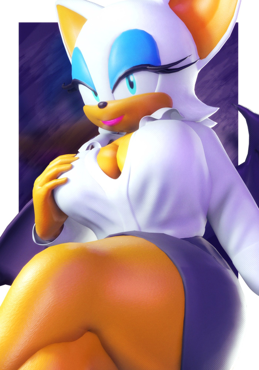 anthro bat big_breasts big_butt big_eyes bottomwear breasts butt cleavage clothed clothing dress_shirt female formal_wear fully_clothed hand_on_breast hi_res makeup mammal mascara miniskirt rouge_the_bat sala3dart sega shirt sitting skirt solo sonic_the_hedgehog_(series) thick_thighs topwear wings