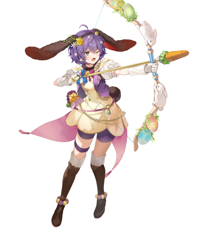 1girl animal_ears artist_request bangs bernadetta_von_varley boots dress fake_animal_ears fake_tail fire_emblem fire_emblem:_three_houses fire_emblem_heroes flower full_body gloves green_eyes hair_ornament highres non-web_source official_art puffy_short_sleeves puffy_sleeves purple_eyes rabbit_ears rabbit_tail short_dress short_hair short_sleeves solo tail thigh_boots thigh_strap transparent_background