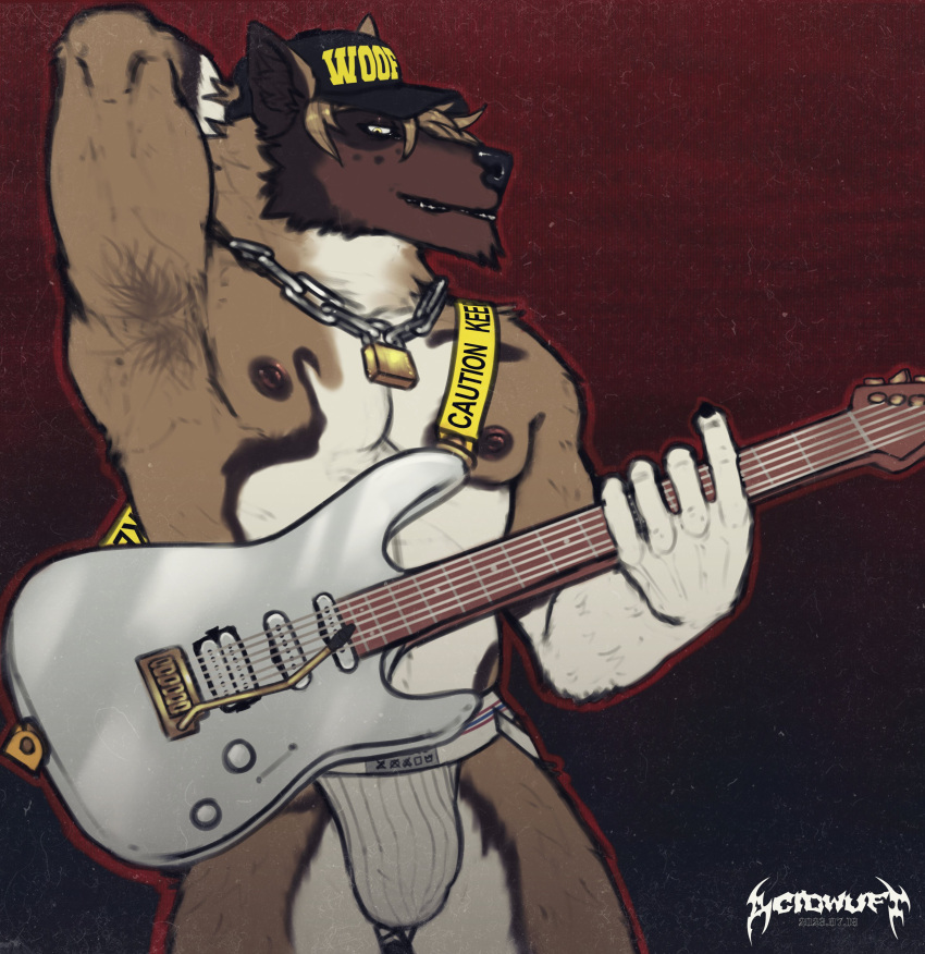 absurd_res acidwuff anthro armpit_hair body_hair bulge canid canine canis clothed clothing guitar hand_behind_head hat headgear headwear hi_res jockstrap jockstrap_only male mammal muscular muscular_male musical_instrument plucked_string_instrument solo string_instrument topless underwear underwear_only wolf