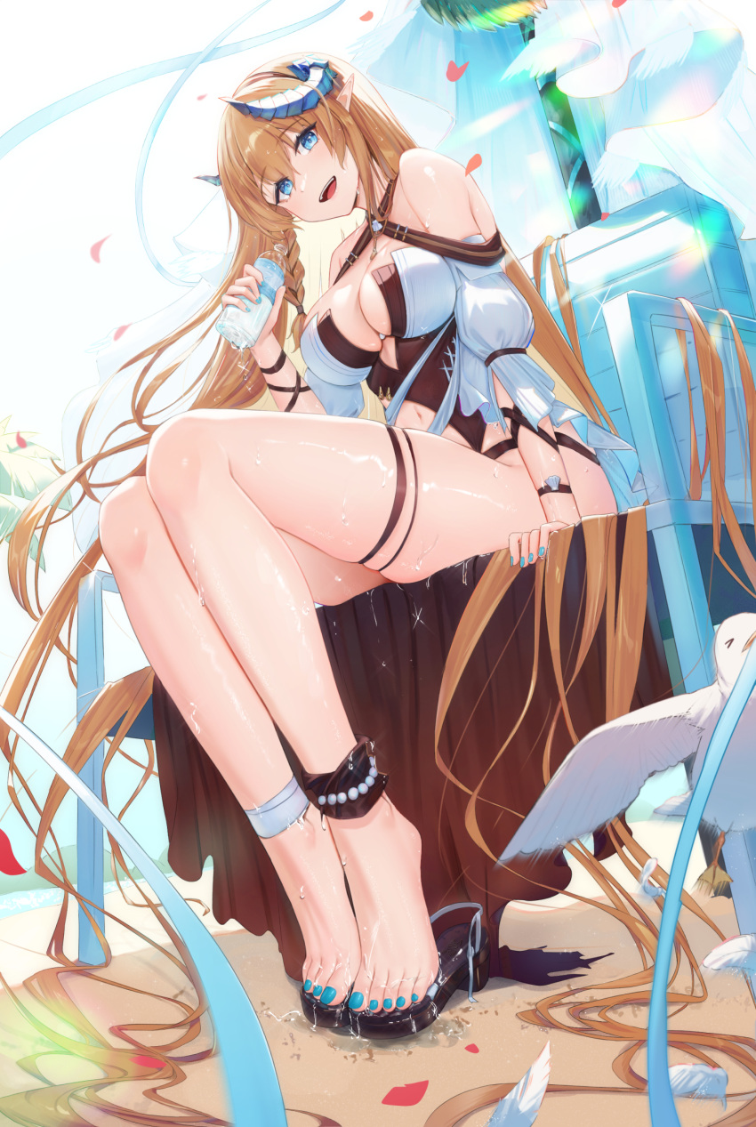 1girl ankle_wrap arknights barefoot beach_chair bead_anklet blonde_hair blue_eyes breasts cropped_shirt day hair_ornament highres jewelry large_breasts long_hair looking_at_viewer medium_breasts nail_polish navel official_alternate_costume one-piece_swimsuit red_one-piece_swimsuit red_scrunchie saileach_(arknights) saileach_(summer_flowers)_(arknights) scrunchie sitting sky smile soles solo swimsuit thigh_strap toenails very_long_hair wet wet_clothes zayur
