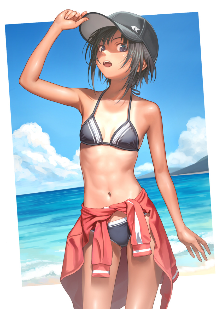 1girl arm_at_side arm_up bare_arms bare_shoulders baseball_cap beach bikini black_bikini black_eyes black_hair black_headwear blue_sky breasts clothes_around_waist cloud commentary_request cowboy_shot day hand_on_headwear hat highres horizon jacket jacket_around_waist looking_at_viewer mountainous_horizon navel nekopuchi ocean one-piece_tan open_mouth original outdoors red_jacket short_hair sky small_breasts solo stomach swimsuit tan tanlines tomboy track_jacket water