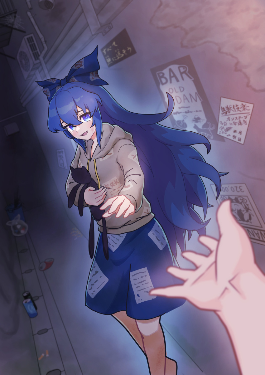 1girl 1other absurdres alley blue_bow blue_hair blue_skirt bow can cigarette_butt commentary_request crushed_can crying crying_with_eyes_open debt grey_hoodie highres hood hood_down hoodie kaenbyou_rin kaenbyou_rin_(cat) kijin_seija kou_syu_27 long_hair monster_energy open_mouth poster_(object) pov reaching reaching_towards_viewer silk skirt spider_web stuffed_animal stuffed_cat stuffed_toy tears touhou trash_bag trash_can wanted yorigami_shion