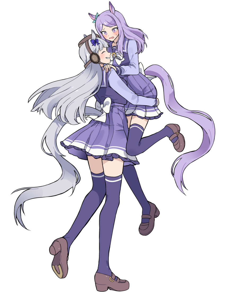 2girls absurdres animal_ears blush bow bowtie brown_footwear brown_headwear closed_eyes ear_bow full_body furrowed_brow gold_ship_(umamusume) grey_hair grin hat high_heels highres horse_ears horse_girl horse_tail lifting_person long_hair long_sleeves looking_at_another mejiro_mcqueen_(umamusume) multiple_girls open_mouth purple_eyes purple_hair purple_shirt purple_skirt purple_thighhighs sailor_collar school_uniform shirt shoes simple_background skirt smile standing standing_on_one_leg sweat tail thighhighs tracen_school_uniform umamusume unneul white_background