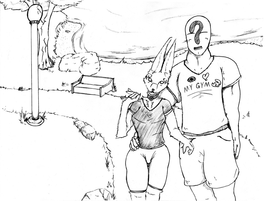 absurd_res anthro arm_around_waist bottomwear clothing doublespace duo faceless_character faceless_male female hi_res human human_on_anthro interspecies lagomorph leporid looking_up_at_partner male male/female mammal muscular muscular_male no_bra_under_clothes pants rabbit size_difference smaller_female yoga_pants