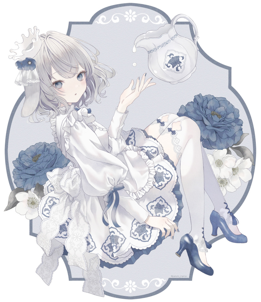 1girl :o absurdres animal_ears blue_eyes blue_flower blue_footwear blue_nails dress expressionless floral_print flower grey_hair high_heels highres lolita_fashion long_sleeves original paruno pitcher_(container) rabbit_ears solo thighhighs white_dress white_flower white_thighhighs