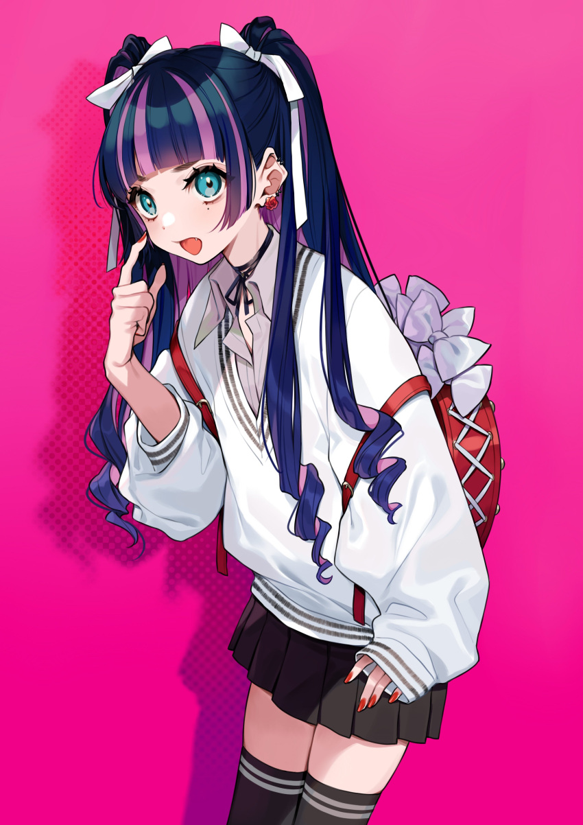 1girl absurdres backpack bag blue_eyes blunt_bangs character_request collared_shirt copyright_request ear_piercing gyaru hair_ribbon highres kneehighs multicolored_hair nail_polish neck_ribbon off_shoulder oversized_clothes piercing pink_hair pleated_skirt purple_hair red_nails ribbon shirt skirt socks solo sweater two-tone_hair two_side_up yuu_(higashi_no_penguin)