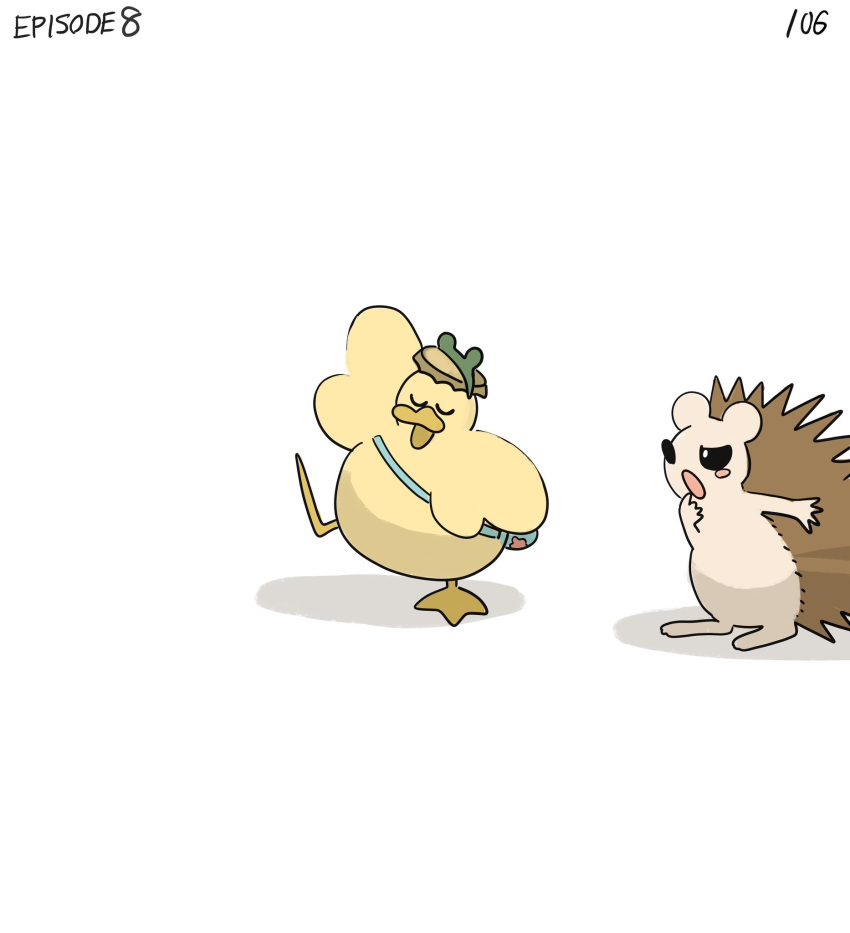 ^_^ bag bird blue_bag bottle_cap closed_eyes dancing diva_(hyxpk) duck duckling english_commentary english_text frog_headband hedgehog highres no_humans numbered original page_number shoulder_bag simple_background walking white_background