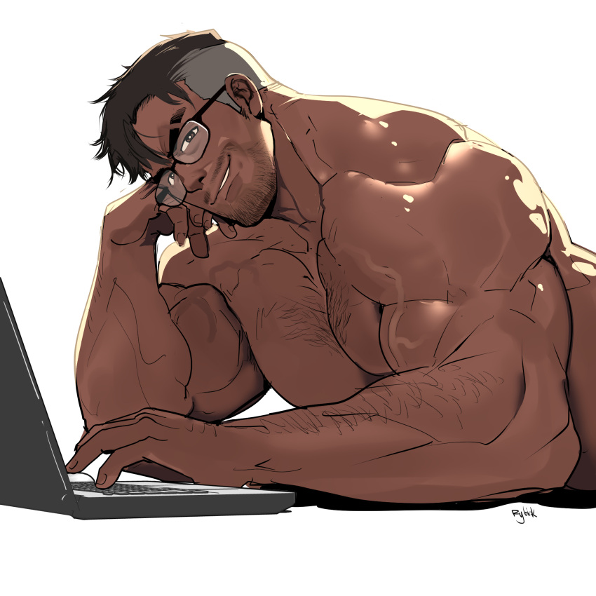 1boy arm_hair artist_name at_computer bara black_hair chest_hair computer facial_hair glasses highres laptop large_pectorals male_focus muscular muscular_male original pectorals rybiok short_hair sidecut simple_background smile solo teeth white_background