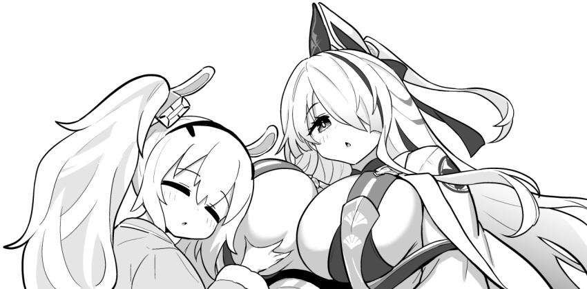 2girls animal_ears azur_lane azur_lane:_slow_ahead breasts closed_eyes fake_animal_ears grabbing grabbing_another's_breast greyscale hair_between_eyes hair_ornament hair_over_one_eye hori_(hori_no_su) laffey_(azur_lane) large_breasts long_hair long_sleeves monochrome multicolored_hair multiple_girls official_art parted_lips rabbit_ears simple_background streaked_hair twintails unzen_(azur_lane) upper_body white_background