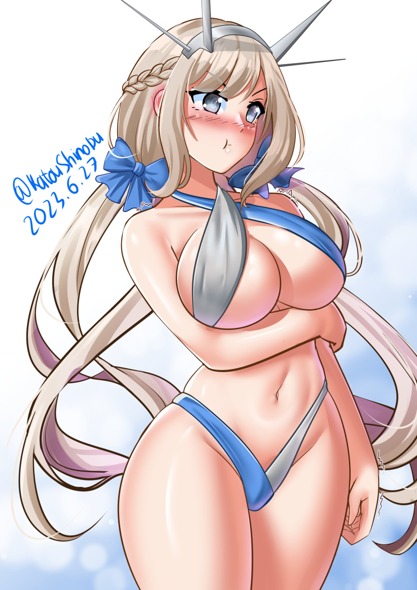 1girl absurdres bikini blue_bow blue_eyes bow braid breasts cleavage dated french_braid hair_bow headgear highres kantai_collection katou_shinobu large_breasts light_brown_hair long_hair low_twintails maryland_(kancolle) one-hour_drawing_challenge pout pretzel_bikini sideways_glance solo swimsuit twintails twitter_username two-tone_bikini