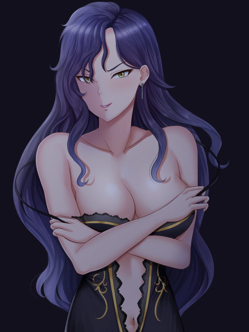 1girl bare_shoulders binro_ya8533 black_dress black_hair blush breasts cleavage collarbone dress dress_straps earrings fire_emblem fire_emblem:_the_blazing_blade highres jewelry large_breasts lipstick long_hair looking_at_viewer makeup mature_female navel smile solo sonia_(fire_emblem) strap_pull upper_body yellow_eyes