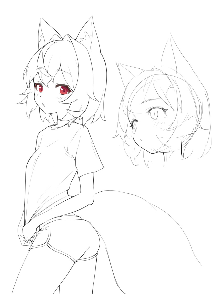 1girl absurdres animal_ear_fluff animal_ears blush breasts chestnut_mouth cowboy_shot crossed_bangs ellu fox_ears fox_girl fox_tail greyscale highres looking_at_viewer looking_back monochrome multiple_views original red_eyes shirt short_hair short_shorts short_sleeves shorts sideways_glance sketch small_breasts spot_color t-shirt tail