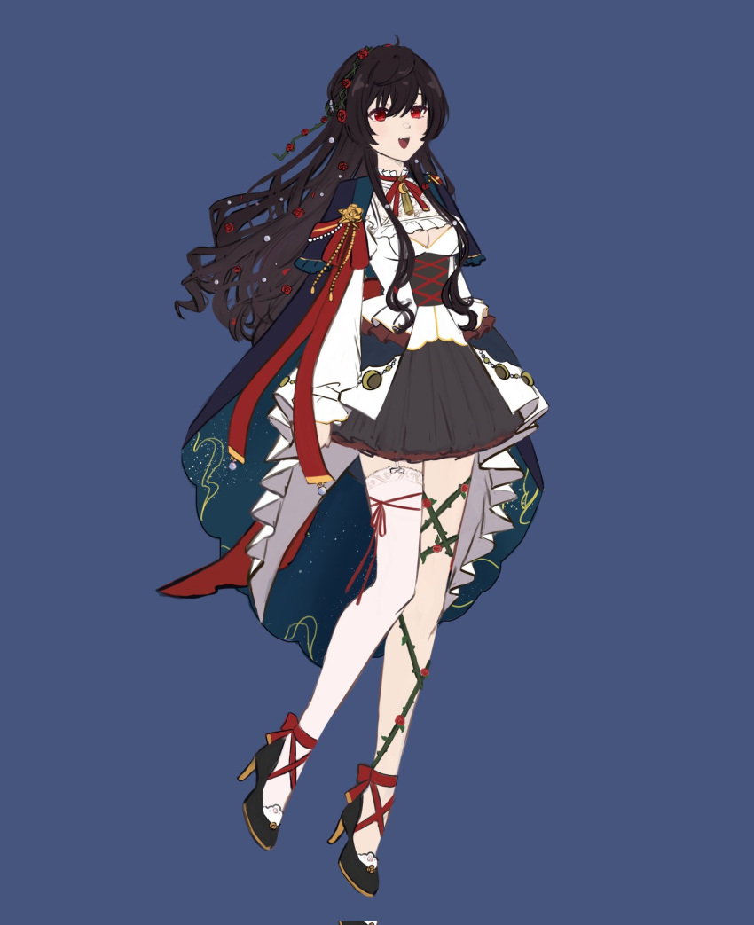 1girl black_footwear black_hair black_skirt blue_cape cape cleavage_cutout clothing_cutout ensemble_stars! flower full_body genderswap genderswap_(mtf) hair_flower hair_ornament head_wreath high_heels highres looking_at_viewer open_mouth poyapoya_c promise_swords_(ensemble_stars!) red_eyes red_flower red_nails red_ribbon red_rose ribbon rose sakuma_ritsu shirt skirt solo teeth thighhighs white_shirt white_thighhighs