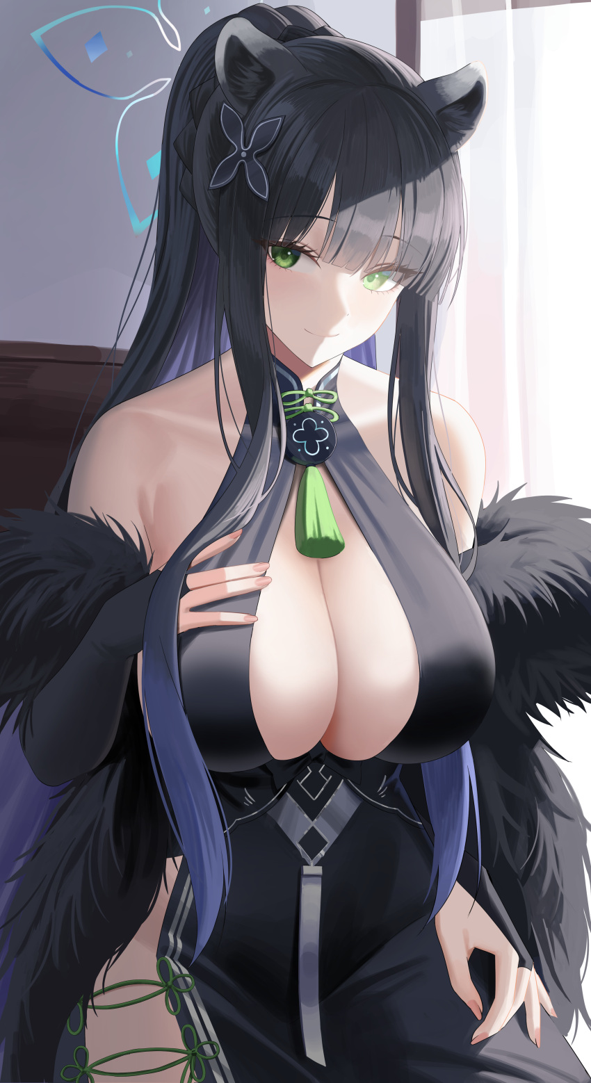 1girl absurdres animal_ear_fluff animal_ears bare_shoulders black_dress black_hair blue_archive breasts bridal_gauntlets china_dress chinese_clothes cleavage detached_sleeves dress feather_boa green_eyes hair_ornament halo high_ponytail highres large_breasts leavv long_hair looking_at_viewer revision shun_(blue_archive) side_slit sidelocks smile solo tassel tiger_ears