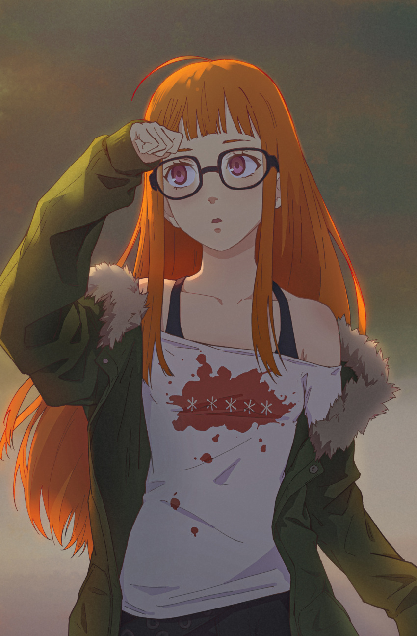 1girl absurdres ahoge arm_up bare_shoulders black-framed_eyewear blunt_bangs collarbone facing_viewer fur-trimmed_jacket fur_trim glasses green_jacket grey_sky highres jacket long_hair looking_to_the_side looking_up off-shoulder_shirt off_shoulder orange_hair parted_lips persona persona_5 purple_eyes sakura_futaba shirt sky solo tank_top upper_body viscum white_shirt