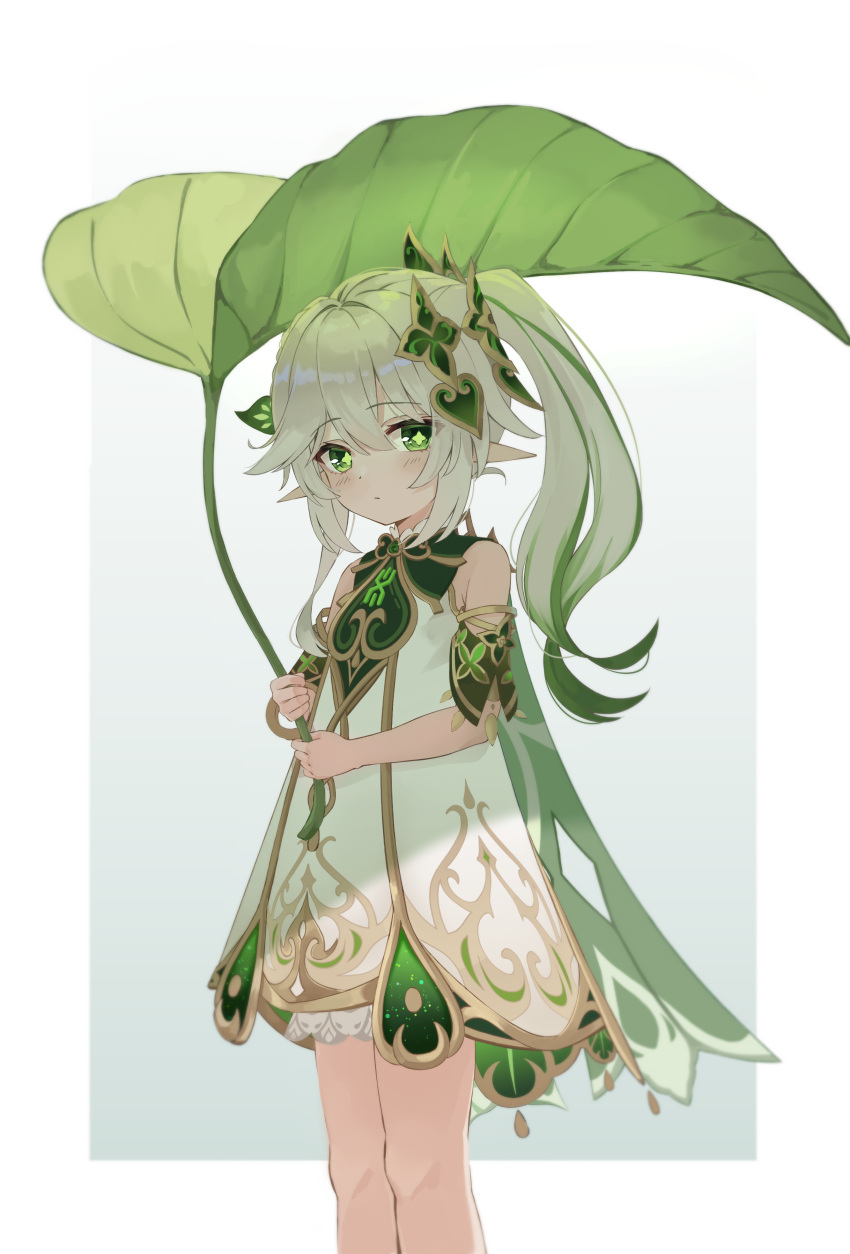 1girl absurdres bare_shoulders blush border bracelet cape closed_mouth cross-shaped_pupils detached_sleeves dress genshin_impact gold_bracelet gradient_background gradient_hair green_background green_cape green_eyes green_hair grey_hair hair_between_eyes hair_ornament hands_up heart heart_hair_ornament highres holding jewelry leaf leaf_hair_ornament long_hair looking_at_viewer multicolored_hair nahida_(genshin_impact) opm7760 outside_border pointy_ears ponytail short_sleeves side_ponytail sidelocks simple_background solo standing symbol-shaped_pupils white_border white_dress