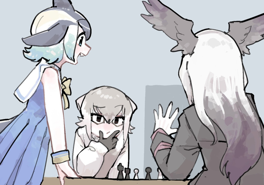 3girls bald_eagle_(kemono_friends) bare_shoulders bird_girl bird_wings black_gloves black_jacket blonde_hair blue_dress blue_eyes blue_hair board_game bow bowtie chess chess_piece common_dolphin_(kemono_friends) dress glasses gloves grey_hair grey_sweater hand_on_own_chin head_wings highres jacket kemono_friends long_hair long_sleeves meerkat_(kemono_friends) meerkat_ears multicolored_hair multiple_girls pleated_dress sailor_collar sailor_dress short_hair smile sweater toki_reatle two-tone_hair uniform white_gloves white_hair wings yellow_bow yellow_bowtie