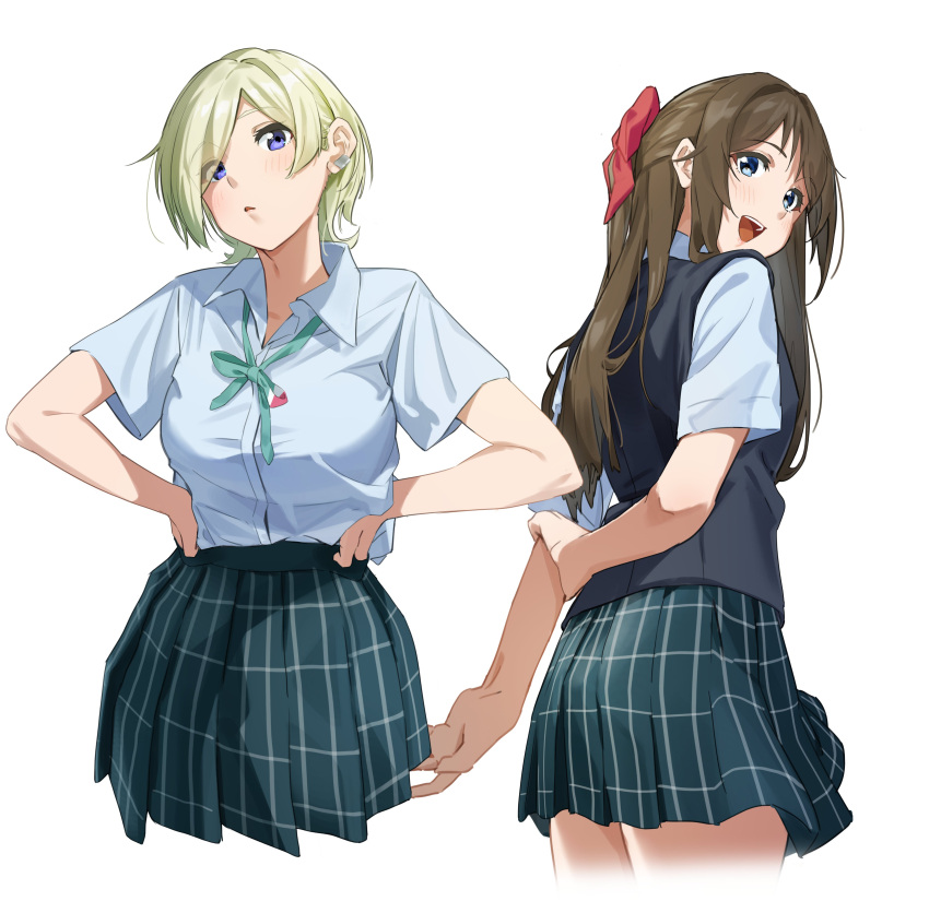 0364p 2girls absurdres arms_behind_back blonde_hair blue_eyes breasts brown_hair commentary cropped_legs earclip hair_over_one_eye hair_ribbon hand_on_own_arm hands_on_own_hips highres light_blush long_hair looking_at_viewer looking_back looking_down loose_neck_ribbon love_live! love_live!_nijigasaki_high_school_idol_club medium_breasts mia_taylor multiple_girls nijigasaki_academy_school_uniform open_mouth ousaka_shizuku parted_bangs parted_lips ponytail ribbon school_uniform short_hair smile summer_uniform teeth upper_teeth_only white_background