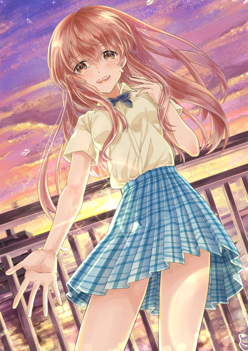 1girl :d blue_bow blue_bowtie blue_skirt bow bowtie bridge brown_eyes brown_hair cloud cloudy_sky crying crying_with_eyes_open highres koe_no_katachi long_hair looking_at_viewer nishimiya_shouko plaid plaid_skirt school_uniform short_hair short_sleeves skirt sky smile solo sunset tears upper_body water