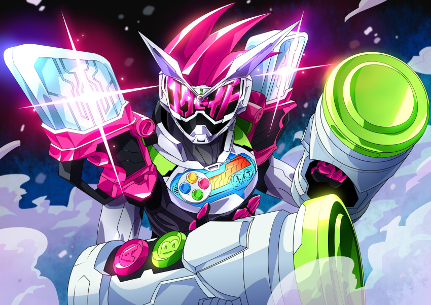 1boy black_bodysuit bodysuit clenched_hand clock_hands controller dust_cloud ex-aid_armor game_controller gashat goggles hammer health_bar highres kamen_rider kamen_rider_ex-aid kamen_rider_ex-aid_(series) kamen_rider_zi-o kamen_rider_zi-o_(series) katakana male_focus open_hand otokamu pink_eyes pink_hair spiked_hair sword video_game weapon