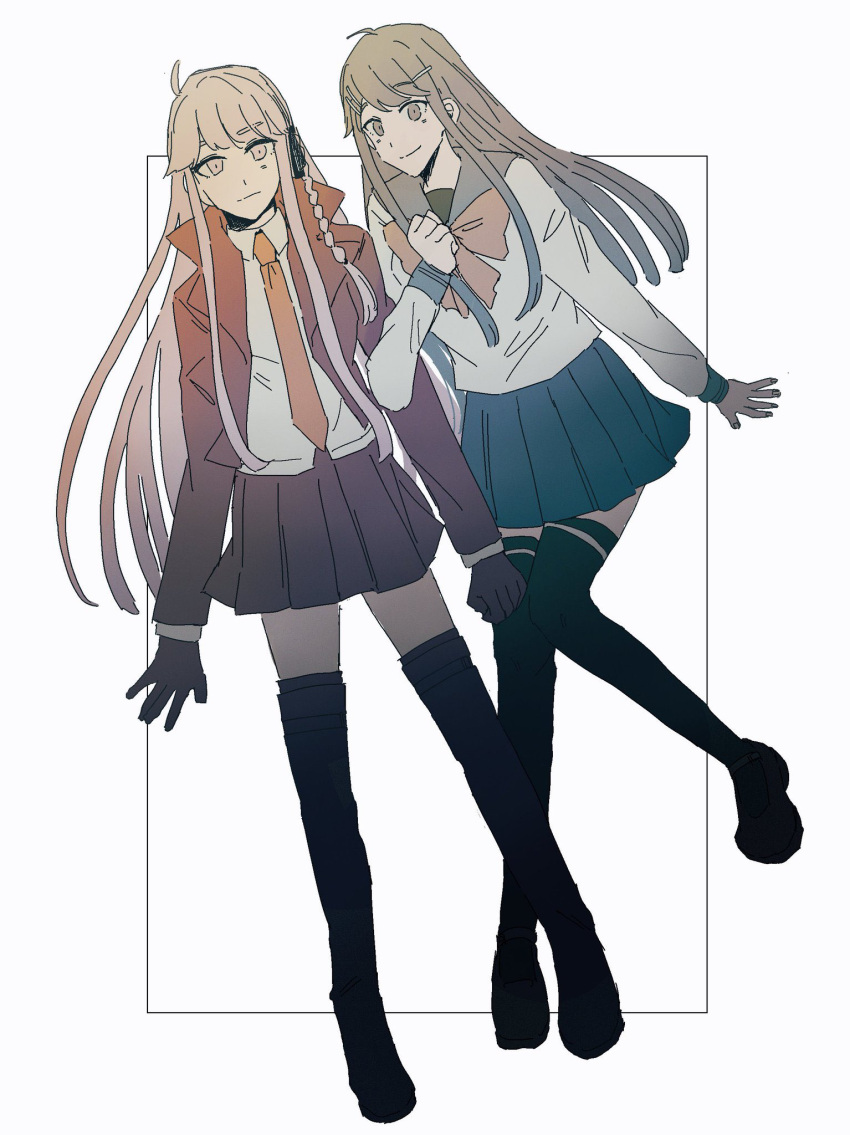 2girls black_footwear black_gloves black_jacket black_ribbon black_thighhighs bow bowtie braid collared_shirt danganronpa:_trigger_happy_havoc danganronpa_(series) gloves green_skirt grey_hair grey_shirt hair_ribbon hand_up highres jacket kirigiri_kyoko long_hair long_sleeves maizono_sayaka miniskirt multiple_girls necktie open_clothes open_jacket orange_necktie pleated_skirt red_bow red_bowtie ribbon sailor_collar shiba_(picopicosa) shirt side_braid simple_background skirt smile thighhighs white_background zettai_ryouiki