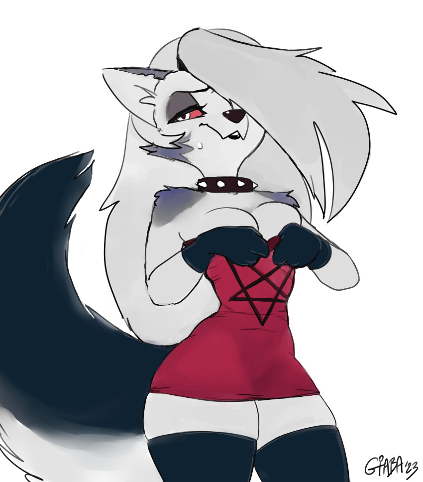 absurd_res big_breasts breasts canid canid_demon clothing collar demon dress female fur giaba goth hair hellhound helluva_boss hi_res loona_(helluva_boss) mammal red_sclera spiked_collar spikes tight_clothing white_body white_fur white_hair