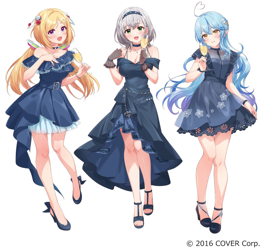 3girls :d ahoge aki_rosenthal bare_shoulders belt black_footwear blonde_hair blue_belt blue_choker blue_dress blue_gemstone blue_hair blue_hairband bracelet breasts champagne_flute choker cleavage commentary_request copyright cup detached_hair dress drinking_glass flower full_body gem gradient_hair green_eyes grey_hair hair_flower hair_ornament hairband hairclip hand_on_own_chest hand_up headgear heart heart_ahoge high_heels highres holding holding_cup hololive jewelry large_breasts long_hair looking_at_viewer low_twintails medium_breasts medium_hair mikami_(mcm_ncb) multicolored_hair multiple_girls necklace official_art open_mouth purple_eyes purple_hair ring see-through_cleavage see-through_gloves shirogane_noel short_hair simple_background single-shoulder_dress single_bare_shoulder skirt_hold skirt_under_dress smile standing streaked_hair twintails white_background white_flower yellow_eyes yukihana_lamy