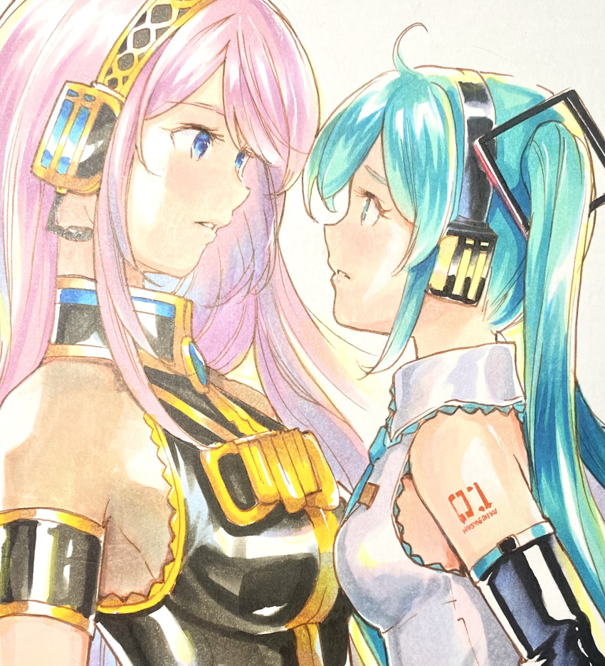 2girls ahoge aqua_eyes aqua_hair aqua_necktie armband bare_shoulders black_shirt black_sleeves blue_eyes commentary detached_sleeves face-to-face from_side furrowed_brow gold_trim grey_shirt hair_ornament hatsune_miku headphones headset height_difference highres leaning_forward long_hair mayo_riyo megurine_luka multiple_girls necktie parted_lips pink_hair shirt shoulder_tattoo sleeveless sleeveless_shirt tattoo traditional_media twintails upper_body vocaloid yuri