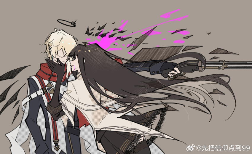 1boy 1girl ahoge arched_back arknights artist_name belt belt_buckle black_belt black_coat black_garter_straps black_gloves black_halo black_sleeves black_wings bleeding blonde_hair blood blood_from_mouth blood_splatter blunt_bangs broken_halo brown_gloves brown_hair brown_skirt brown_wings buckle buttons chinese_commentary chinese_text cloak closed_mouth coat collared_jacket commentary_request cousins cowboy_shot crosshatching dark_halo detached_wings earpiece energy_wings executor_(arknights) executor_the_ex_foedere_(arknights) expressionless faceless faceless_female faceless_male facing_ahead facing_another film_grain finger_on_trigger fingerless_gloves floating_hair from_side garter_straps gloves grey_thighhighs gun hair_between_eyes halftone halo hand_on_another's_cheek hand_on_another's_face hand_up hatching_(texture) headshot highres hime_cut holding holding_weapon implied_death implied_injury jacket layered_sleeves leaning leaning_forward leaning_on_person lever_action light_brown_background linear_hatching long_hair long_sleeves mechanical_halo mechanical_wings messy_hair miniskirt multicolored_cloak official_alternate_costume outline outstretched_arm parted_lips pink_blood pleated_skirt profile red_cloak short_hair short_over_long_sleeves short_sleeved_jacket short_sleeves shotgun sidelocks simple_background skirt sleeve_cuffs smile standing striped thighhighs two-tone_cloak variant_set vertical_stripes very_long_hair virtuosa_(arknights) watermark weapon weibo_5871963998 weibo_logo weibo_username white_belt white_cloak white_jacket white_outline wide_sleeves wings wire zettai_ryouiki