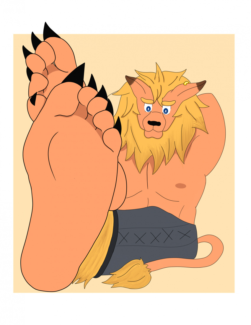 2023 5_toes alraio anthro bandai_namco barefoot black_claws black_nose blonde_eyebrows blonde_mane border claws clothed clothing digimon digimon_(species) eyebrows feet flat_colors foot_focus full-length_portrait fur hand_behind_head hi_res humanoid_feet leomon long_ears long_tail looking_at_viewer male mane nipples pale_skin pecs plantigrade portrait prick_ears shadow simple_background sitting soles solo tail toe_claws toes topless topless_anthro topless_male white_border yellow_background yellow_body yellow_fur