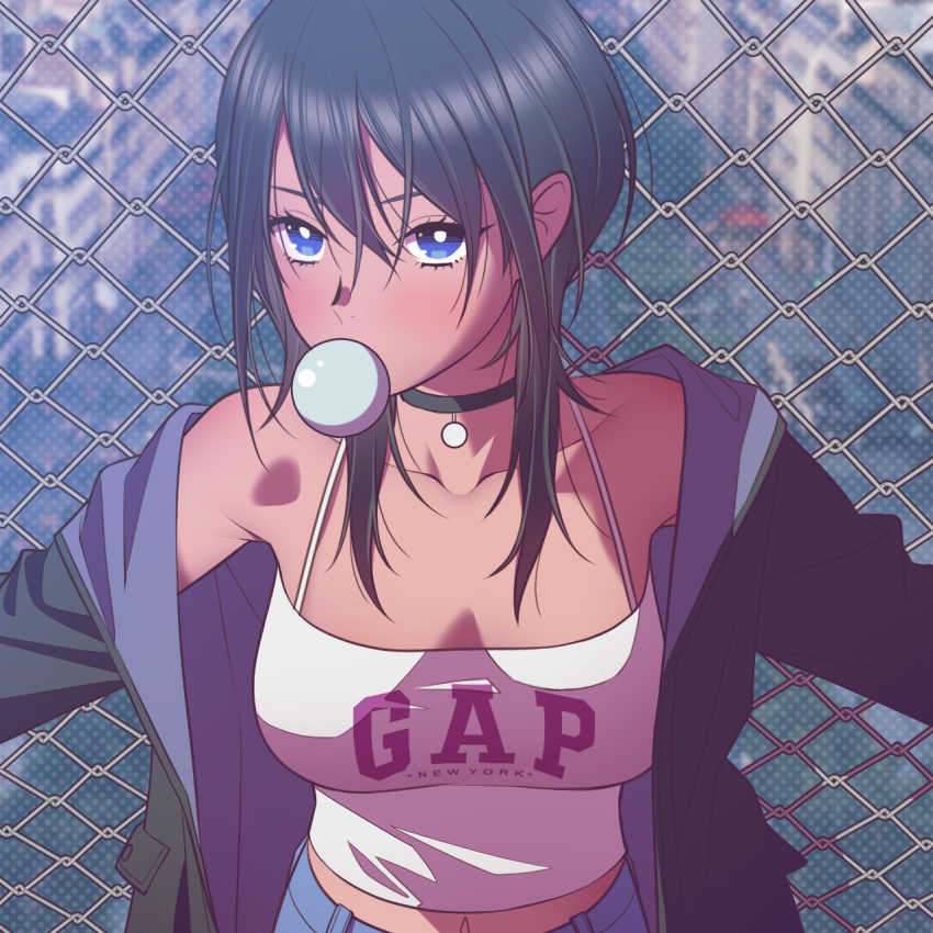 1girl against_fence andrian_januar_adilia bare_shoulders black_choker black_hair black_jacket blue_eyes blue_jacket blue_pants breasts bright_pupils bubble_blowing camisole chain-link_fence chewing_gum choker collarbone commentary_request dark-skinned_female dark_skin double-parted_bangs english_text fence hair_between_eyes highres indonesian_commentary jacket large_breasts looking_at_viewer medium_hair midriff_peek multicolored_clothes multicolored_jacket navel off_shoulder open_clothes open_jacket original pants print_camisole solo tomboy two-tone_jacket upper_body white_camisole white_pupils