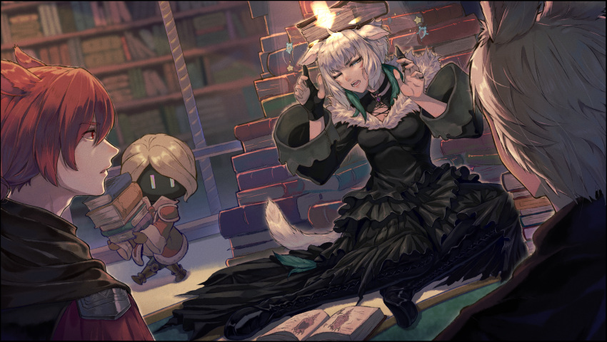 1girl 2boys animal_ears avatar_(ff14) black_dress book book_on_head bookshelf breasts cat_boy cat_ears cat_girl cat_tail dress facial_mark feather_hair_ornament feathers final_fantasy final_fantasy_xiv frilled_dress frills g'raha_tia gloves grey_eyes hair_ornament highres holding jewelry male_focus miqo'te multiple_boys object_on_head pile_of_books red_eyes red_hair short_hair star_(symbol) tail viera whisker_markings white_hair y'shtola_rhul yahaha