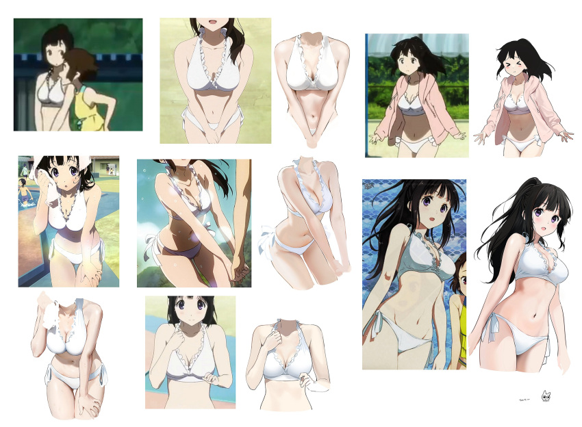 &gt;_&lt; 1girl artist_logo artist_name bikini blush breasts chitanda_eru cleavage highres hyouka ibara_mayaka kyoto_animation long_hair mery_(yangmalgage) navel purple_eyes simple_background solo swimsuit thighs white_bikini