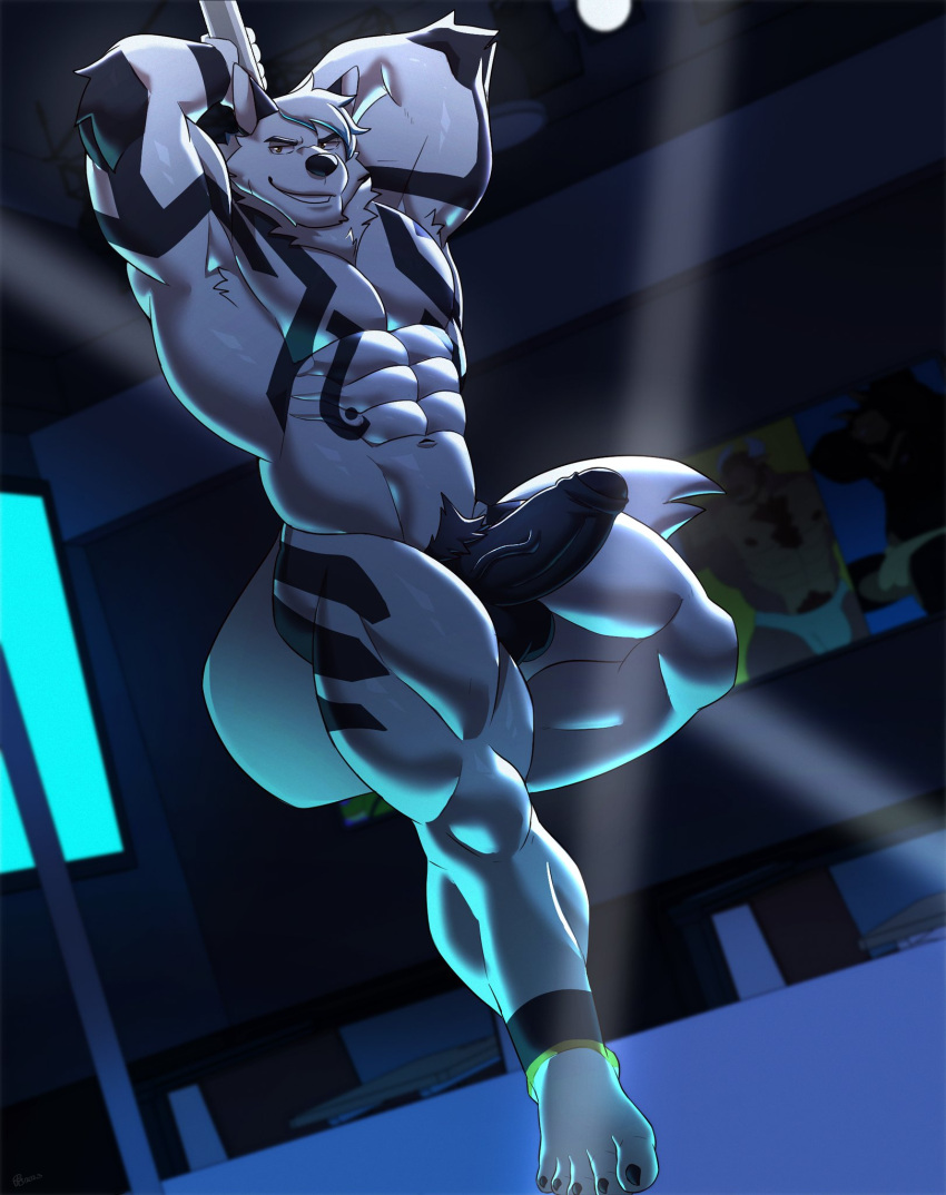 2023 abs anthro arm_markings balls black_markings black_penis black_stripes blackclown00 blue_highlights booth canid canine canis chest_markings claws dark_room fraye fur genitals hair hands_behind_head hi_res highlights_(coloring) humanoid_genitalia humanoid_penis leaning_on_object leaning_on_pole leg_markings male mammal markings muscular muscular_anthro muscular_male muscular_thighs nude pecs penis performance pole poster presenting quads smile solo stage stage_lights strip_club stripes stripper stripper_pole tables thigh_markings toe_claws vein veiny_penis white_body white_fur white_hair wolf yellow_eyes yellow_stripes