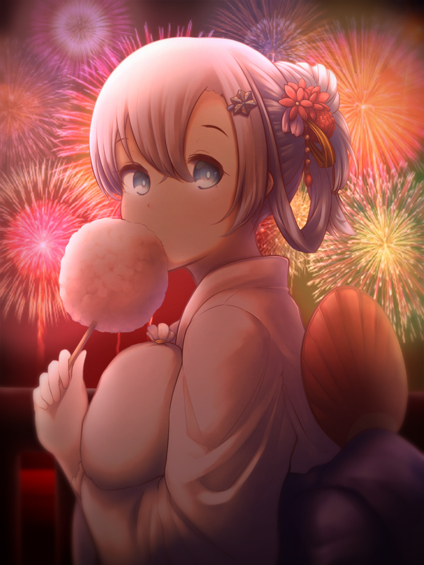 1girl alternate_costume alternate_hairstyle aoi_mokuren blue_eyes blue_hair cotton_candy covered_mouth fireworks flower from_side hair_bun hair_flower hair_ornament hand_fan highres holding holding_stick japanese_clothes kimono kousetsu_samonji_(tenka_hyakken) light_blue_hair long_hair looking_at_viewer night outdoors single_hair_bun snowflake_hair_ornament solo stick summer_festival tenka_hyakken yukata